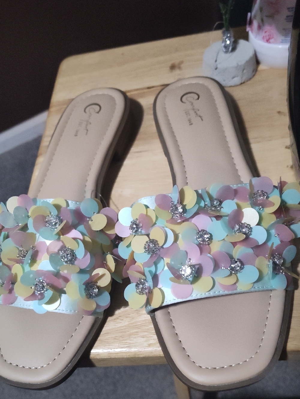 Pastel Sequin Floral Slide Sandals - Women